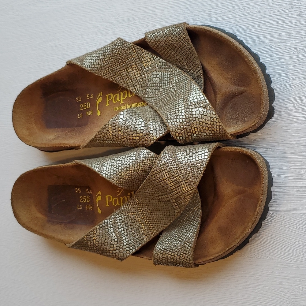 Papillio by Birkenstock Gold Metallic Snakeskin Daytona Leather Sandals 8